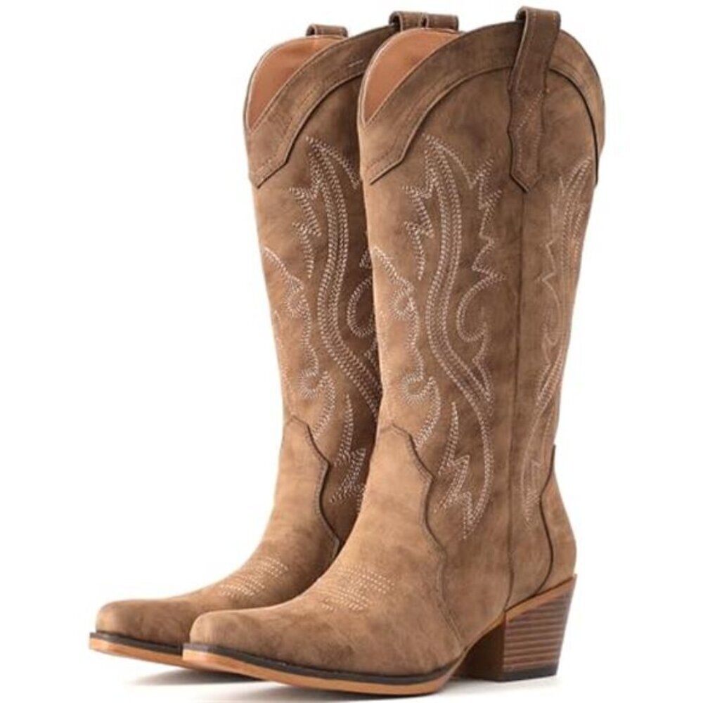 Chunky Heel Cowgirl Boots Mid Calf Snip Toe Western